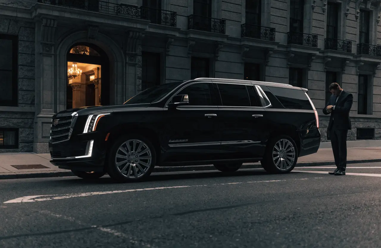 Black SUV and chauffeur waiting outside a luxury hotel