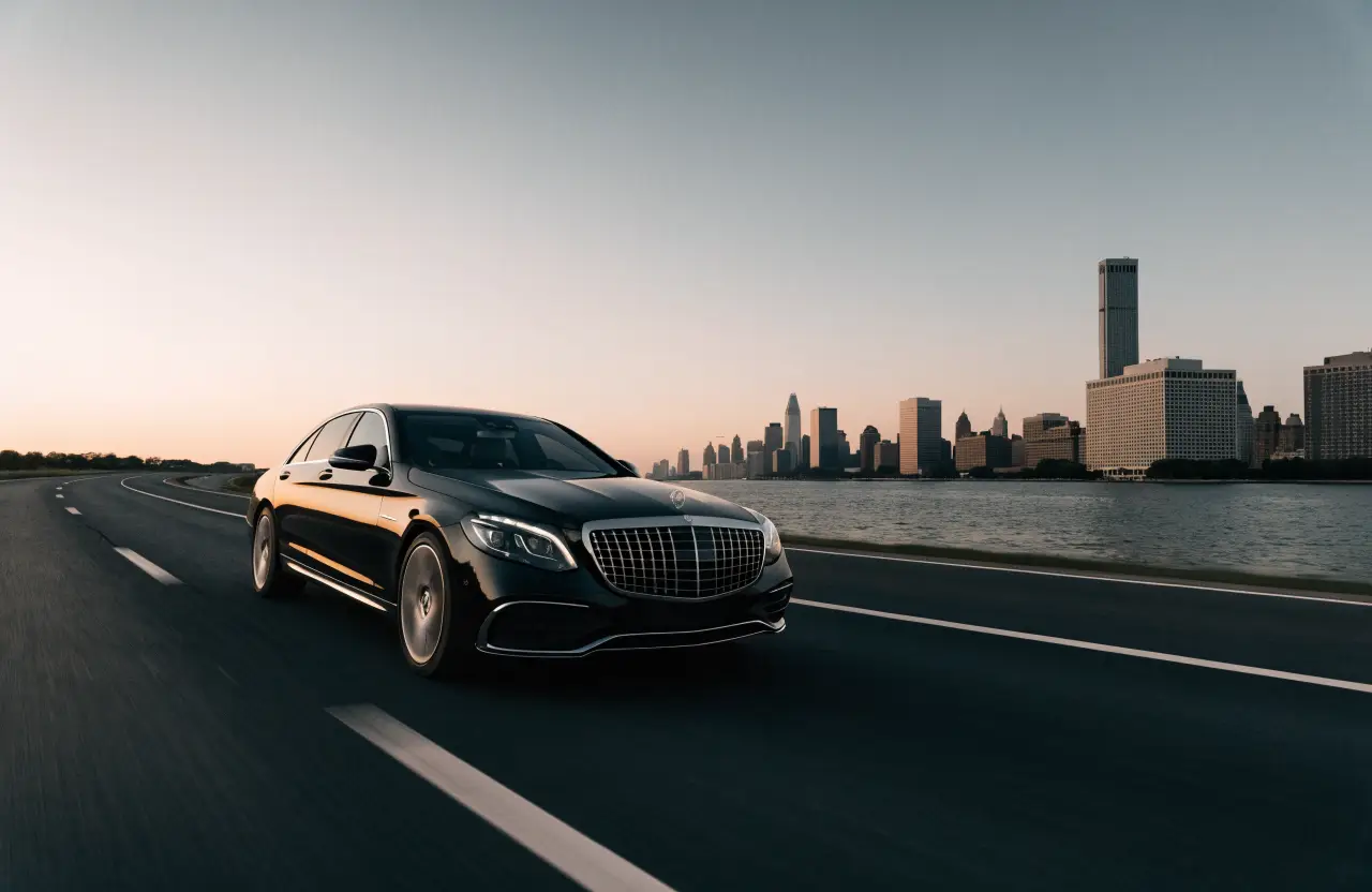 Black luxury sedan on an intercity highway